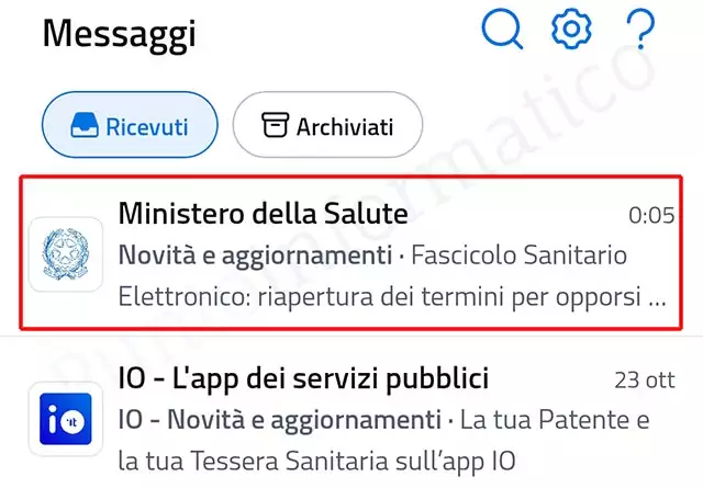 Il messaggio nell'app IO relativo alla riapertura dei termini per opporsi all'inserimento del pregresso nel Fascicolo Sanitario Elettronico