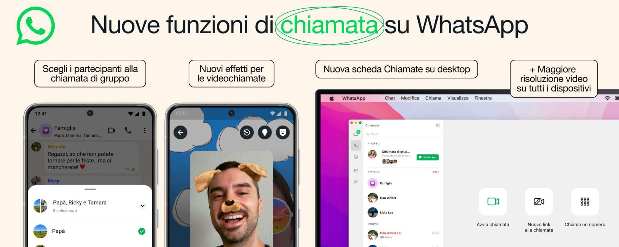 WhatsApp, chiamate di gruppo selettive ed effetti divertenti