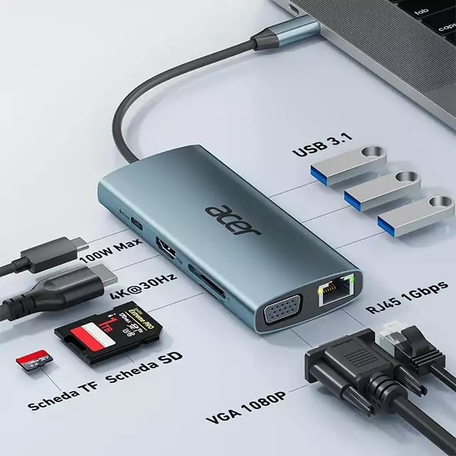 Le porte presenti sull'hub USB-C 9-in-1 di Acer