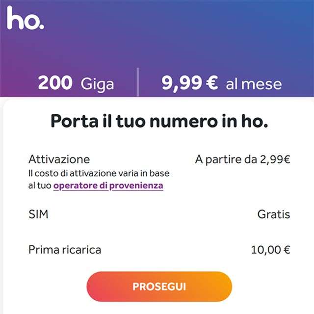 L'offerta da 200 Giga di ho. se porti il tuo numero