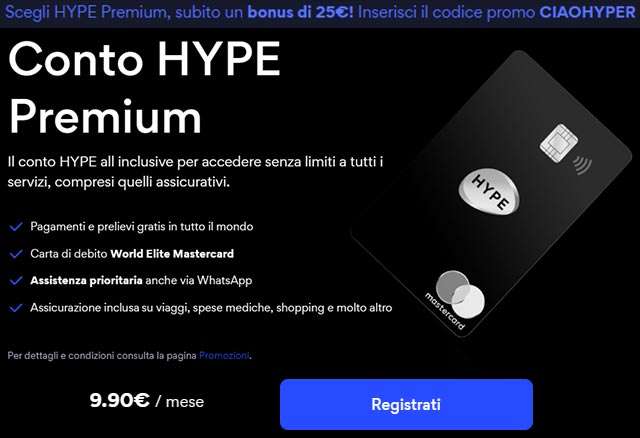 Scegli HYPE Premium e ottieni subito un bonus di 25 euro