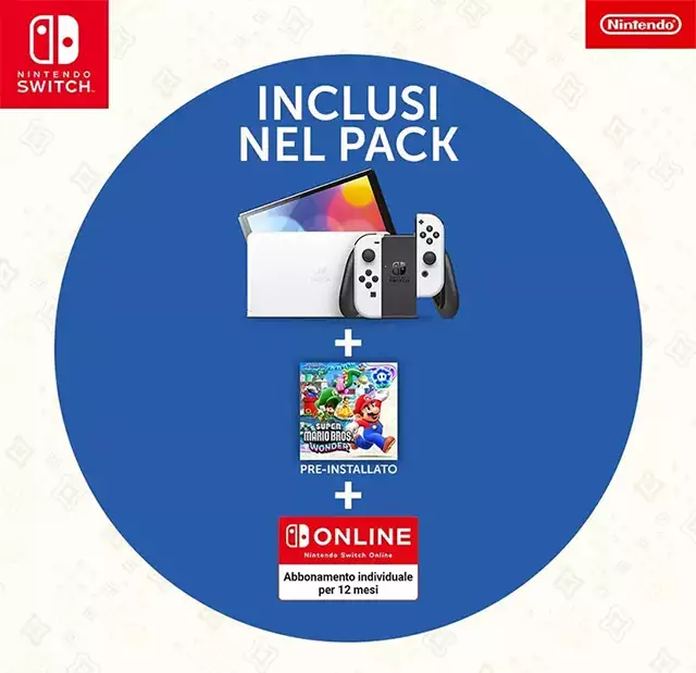 Il bundle con Nintendo Switch OLED nella colorazione bianca, Super Mario Bros Wonder e un anno di abbonamento a Switch Online