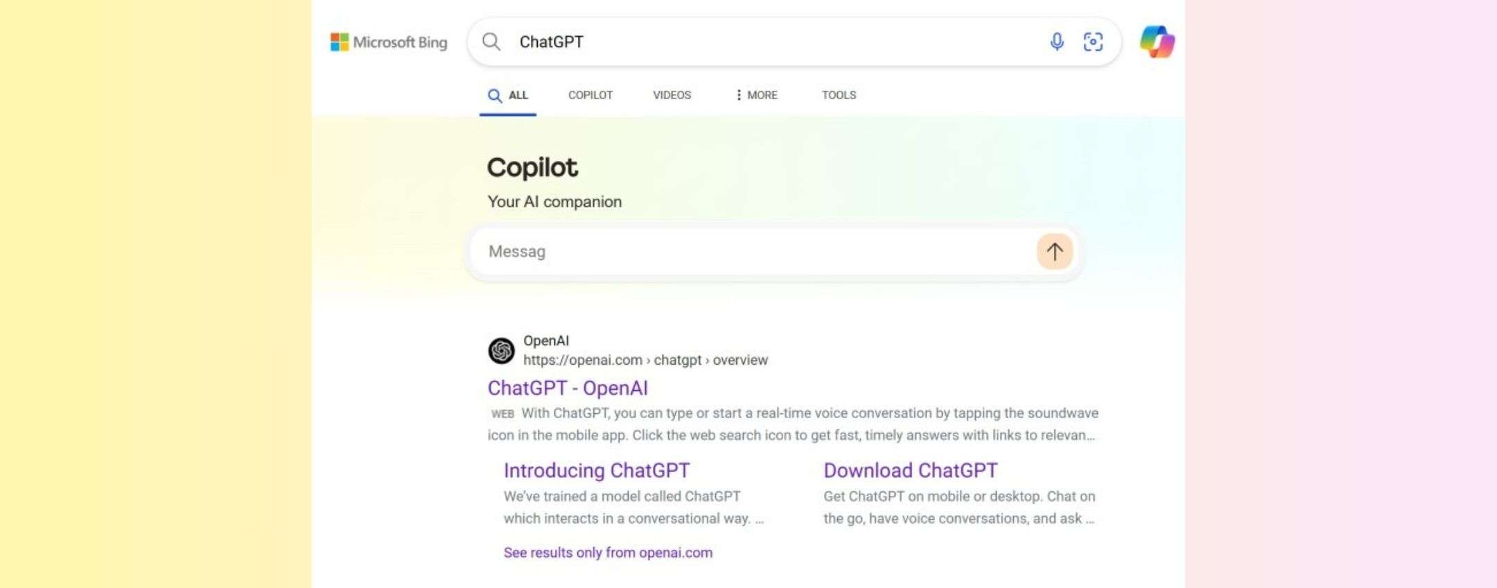 Bing, Copilot in cima ai risultati per chi cerca ChatGPT o Gemini